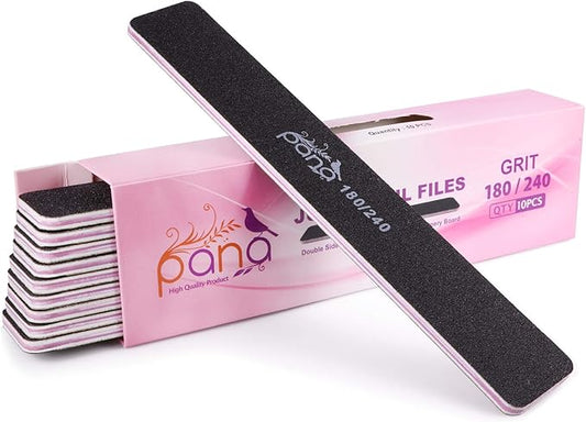 10PCS Jumbo Size PANA Professional Double Sided Nail Files - Black, 180/240 Grit - Emery Board Nail Buffering File Manicure Pedicure Nail Polisher Washable