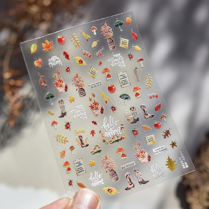 Fall Nail Art Stickers Decals 5D Embossed Red Maple Leaf Nail Decals Self-Adhesive Mushroom Apple Beetle Nails Design Autumn Stickers Thanksgiving Nails Art Supplies for Women DIY Manicure Decorations