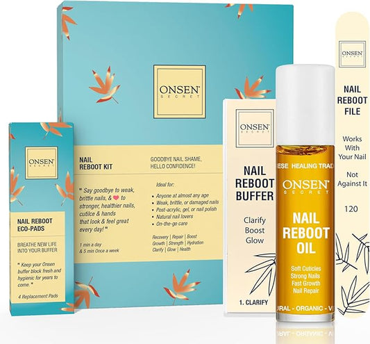 Onsen Secret Japanese Nail Reboot Cuticle Oil Kit | Buffer and Shine Kit w/ Professional File, 3-Way Buffer Block & Free Replacement Pads | Strengthening Combo for Healthy Nails, 1pk