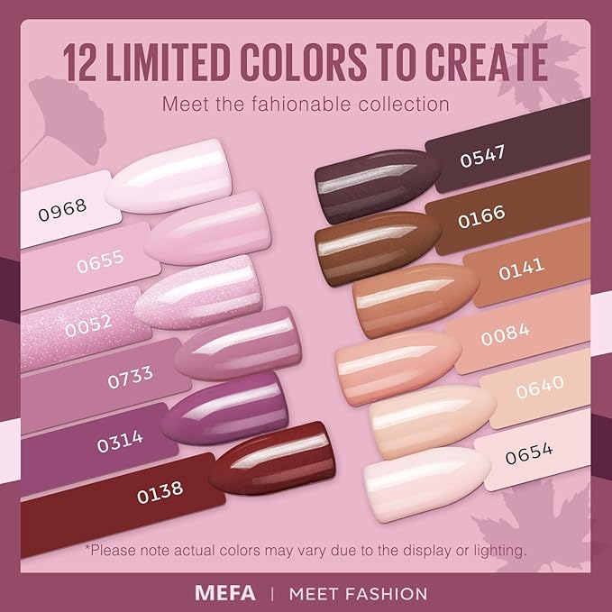 MEFA Gel Nail Polish Set, 12 Colors Purple Gel Polish Set Burgundy Red Nail Polish Soak Off Pink Nude Brown Nail Gifts for Women Girl DIY Salon Home Manicure