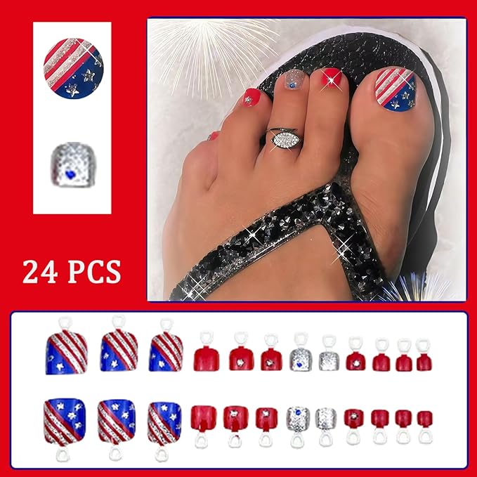 Independence Day Glitter Stripe Press-On Toenails Short Square False Toenails July 4th Blue Rhinestone Patriotic Star Design for Women Girls Independence Day Nail Art Decorations 24 Pieces