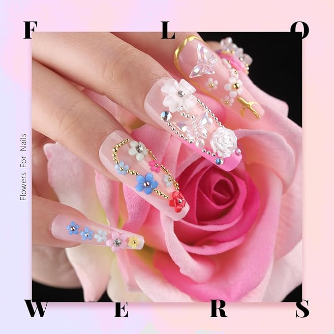3D Flowers for Nails, Colorful Acrylic Flower Nail Charms with Caviar Beads, Rhinestones for Nails 3D Nail Charms for Acrylic Nails with Pickup & Dotting Tools for Manicure DIY Nail Art Decor