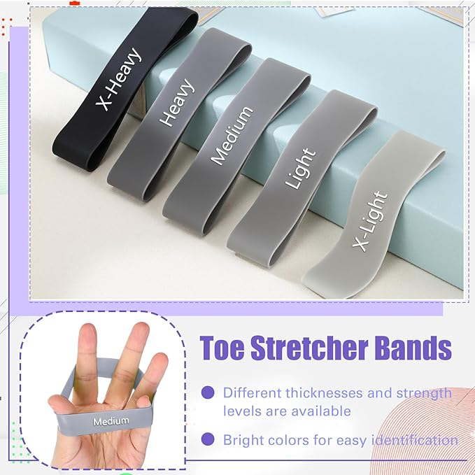 Set of 5 Toe Stretcher Bands for Bunions Correction Foot Big Toe Spacers Resistance Straightener Loop Bands with Carry Bag for Women Men Hallux Valgus Alignment Yoga Exercise(Grey)