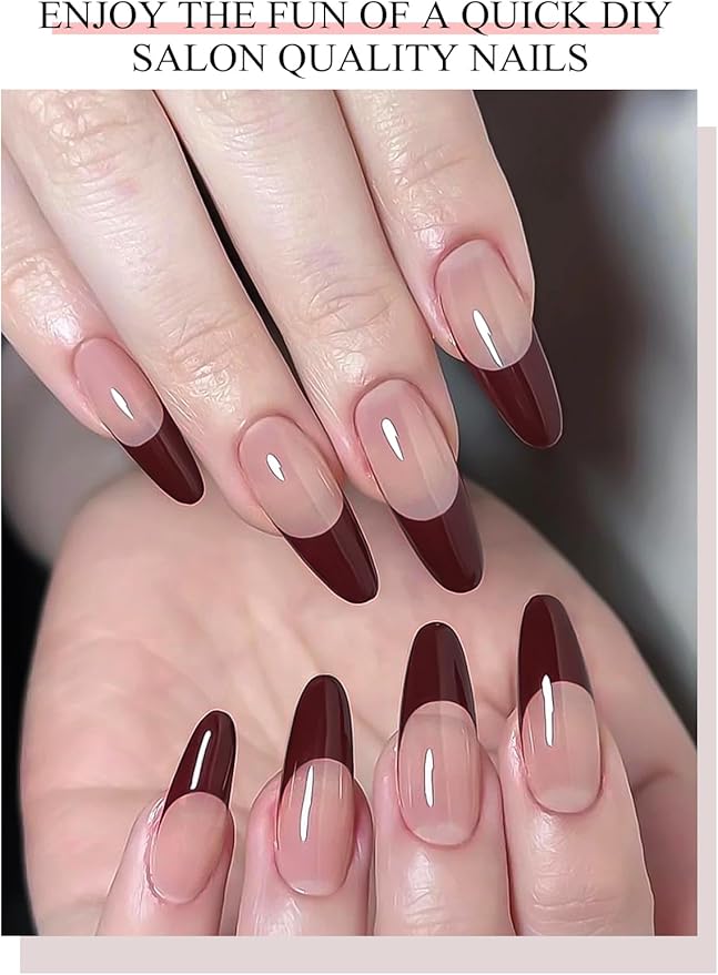 EBANKU 20Pcs Semi-Cured Gel Nail Strips, Dark Red French Nail Sticker, Lasting Waterproof Full Wraps Stickers for Salon Manicures, Perfect for Women, Girl with File and Stick