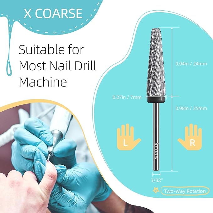 5 in 1 Nail Drill Bits, 24mm Super Long Carbide Cone Tapered Nail Bit, 3/32" Two-way Rotate Acrylic Drill Bits for Nails, Removal Gel Electric Drills File Manicure Accessories (XC)