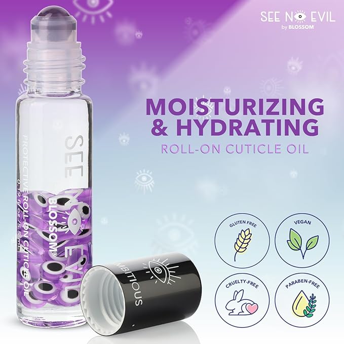 Blossom Cuticle Oil, See No Evil Scented Roll on Cuticle Oil for Nails, Rollerball Application for Nail Support, Cruelty Free, 0.19oz, Ambitious Lavender