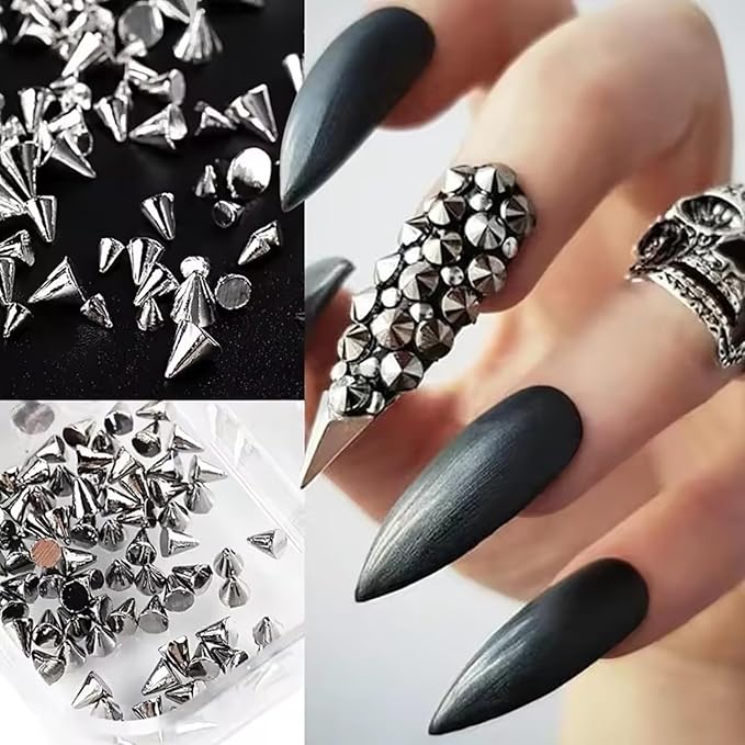 6 Grids Punk Bullet Rivet Nail Charm,3D Alloy Flat Bottomed Pointed Cone Mixed Black Silver Nail Art Rhinestones Studs DIY Crafts Nail Art Charm Spike Nails for Women DIY Nail Decoration Accessories