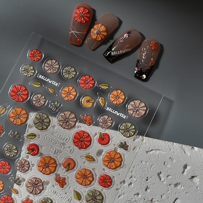 1 Sheets Fall Nail Stickers for Nail Art 5D Self-Adhesive Pumpkin Nail Art Stickers Embossed Maple Leaf Nail Decals Thanksgiving Cute Pumpkin Autumn Leaves Nail Design Sticker for Women DIY Manicure