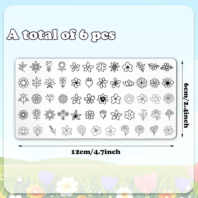 Whaline 6Pcs Spring Summer Floral Nail Plates Stamping Set Flower Leaves Stamp Templates Nail Art Plates for DIY Print Manicure Salon Design