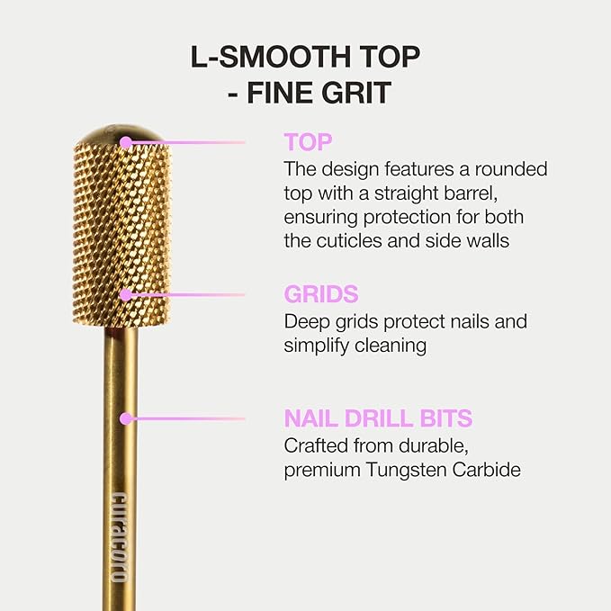 Curacoro Nail Drill Bits 3/32'' - L-Shape Smooth Stop Barrel Carbide Bit (Fine) for Professional Finish, Gently Remove, Buff & Polish Gel Nails, Nail Art Pedicure Manicure Salon & Home