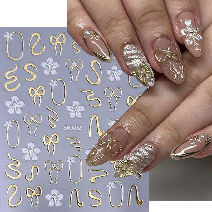 6Pcs Flower Nail Stickers for Nail Art Elegant Floral Nail Decals 3D Self-Adhesive Colorful Blossom Flower Nail Art Stickers Gold Bow Nail Supplies Spring Nail Decoration Accessories for Women Girls