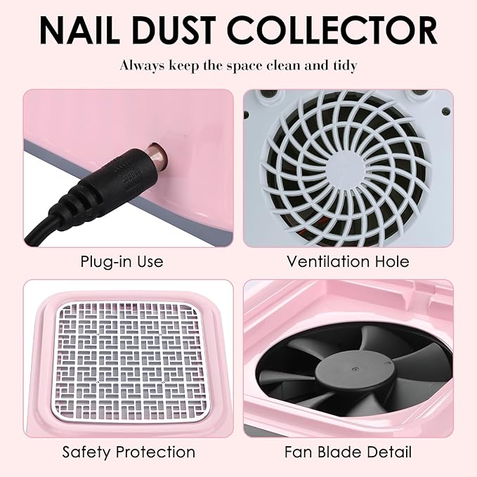 Pink Nail Dust Collector with Reusable Filter for Acrylic Gel Nails, 80W Power Nail Vacuum Cleaner Dust Catcher Adjustable Dust Sucker for Nails Manicure Pedicure at Home Nail Salons