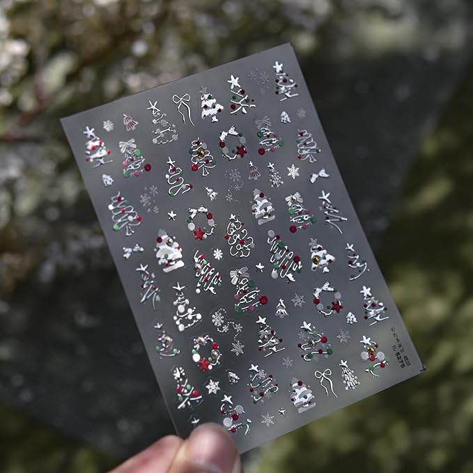 Christmas Nail Art Stickers Silver Xmas Tree Nail Decals with Rhinestone 1PCS Xmas Trees Snowflake Star Bow Christmas Nails Design Adhesive Stickers Nail Art Supplies for Women Holiday DIY Nail Art