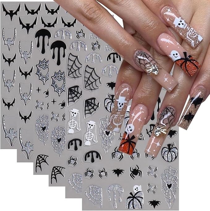 Silver Glitter Spider Nail Stickers,Halloween 3D Nail Decals Spiders Web Love Heart Glitter Flame Blood Drop Bat Star Moon Ghost Skull Design for Nail Art Halloween Supplies Manicure Decorations 6Pcs