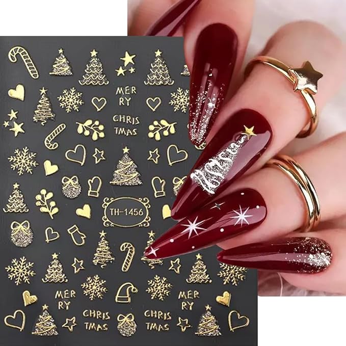 Christmas Nail Art Stickers 3D Gold Crystal Ball Snowflake Tree Christmas Nail Stickers 6PCS Candy Cane Cute Elk Self-Adhesive Xmas Nail Decals Sliders New Year Holiday Nail Art Supplies for Women