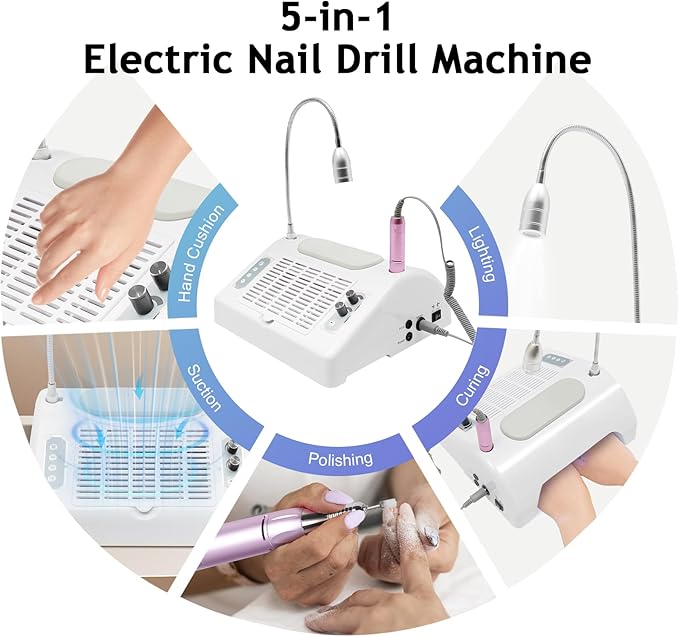5 in 1 Nail Dust Collector, 40W Professional 30000rpm Electric Multifunction Nail Art Machine, UV LED Nail Lamp for Nails Manicure, with LED Lamp in Salon & Home