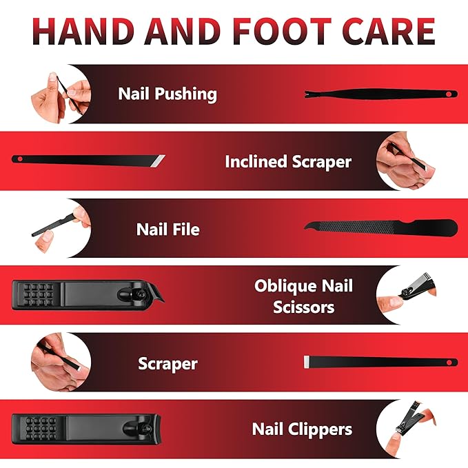 10pcs Manicure Nail Clipper Set - Stainless Steel Nail Care Kit with Nail Clippers, Nail File, Cuticle Scissors, Ear Pick and More, Compact and Durable for Home and Travel (Black/Red)