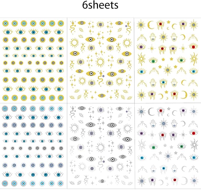 6 Sheets Halloween Eye Nail Art Stickers 3D Self Adhesive Gold Silver Nail Stickers Gothic Eye Nail Decals Star Sun Nail Art Supplies Halloween Holiday Nails Supply for Women DIY Manicure Kit