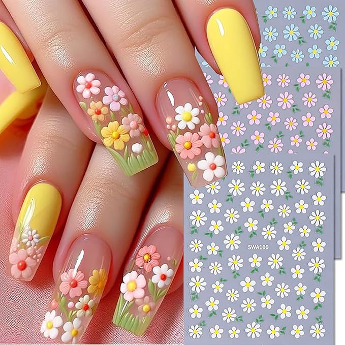 6 Sheets Flower Nail Art Stickers Daisy Nail Art Decals 3D Self-Adhesive Spring Nails Sticker Holographic Pink Blue White Blossom Nails Decal Decoration for Women Floral Manicure Supplies