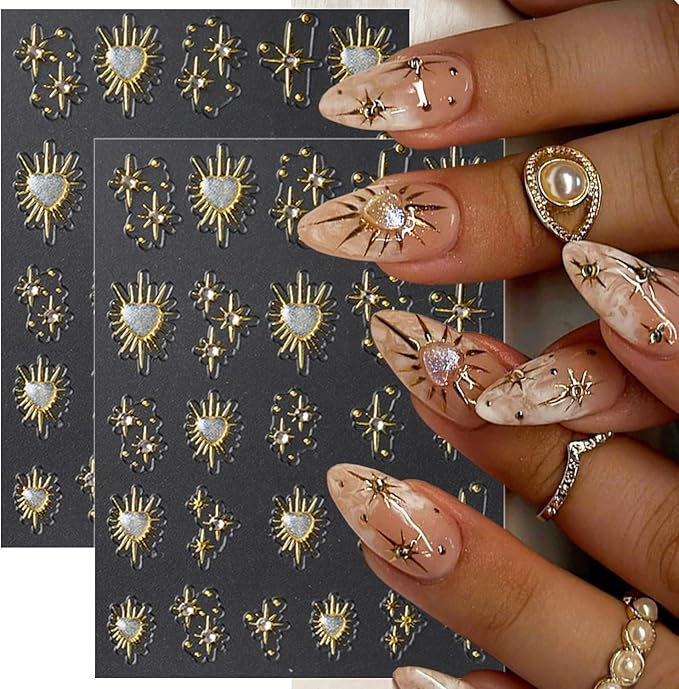 2 Sheets Gold Star Nail Decals for Nail Art Celestial Nail Stickers Embossed Star Nail Decals with Diamond Designs 5D Self-Adhesive Sun Nail Supplies for Women DIY Manicure Nails Decoration