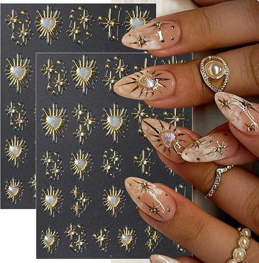 2 Sheets Gold Star Nail Decals for Nail Art Celestial Nail Stickers Embossed Star Nail Decals with Diamond Designs 5D Self-Adhesive Sun Nail Supplies for Women DIY Manicure Nails Decoration