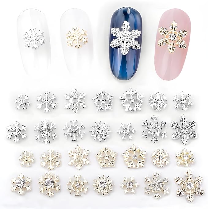 28 Pcs Christmas Nail Art Charms - Gold & Silver Snowflake NailArt Rhinestones & Gems for Acrylic Nails
