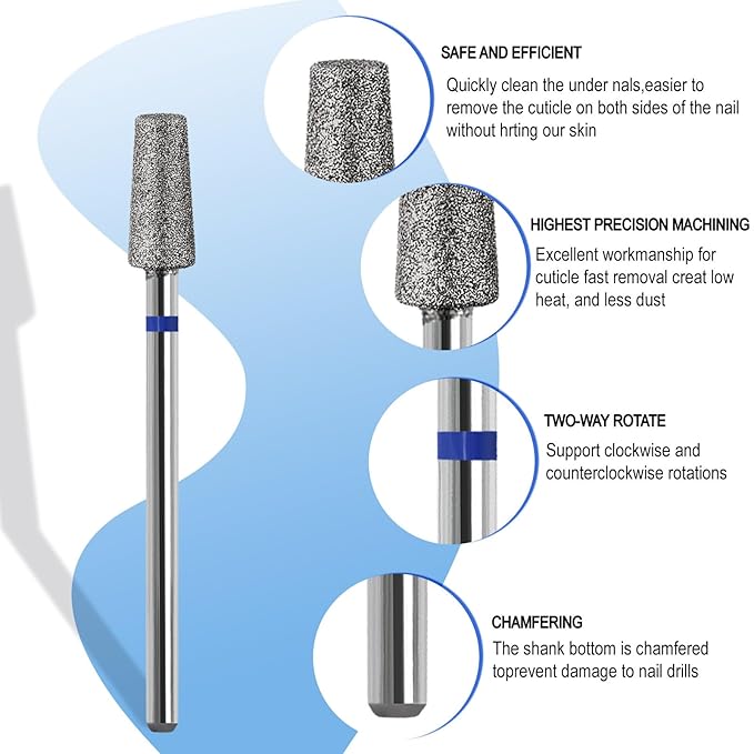 Cuticle Clean Nail Drill Bit, 3/32" Russian Diamond Nail File bits, Safety Carbide Under Nail Cleaner for Cuticle Dead Skin Nail Prepare, Nail Salon Manicure, (Trapezoidal Barrel-Medium)