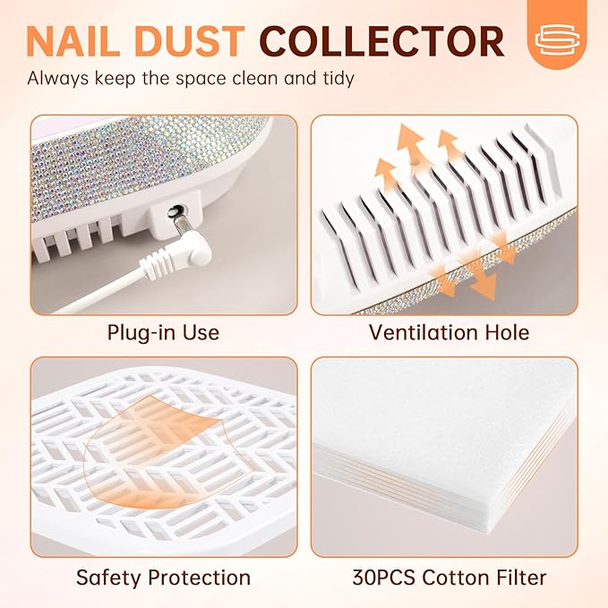 Professional Nail Dust Collector,Powerful Dust Collector Nail Tech with Reusable Filter,Compact Vacuum Fan Dust Collector Manicure Pedicure Tool for Acrylic Nail Polishing,Salon&Home