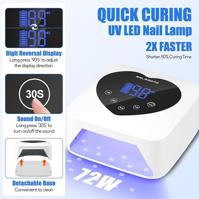 UV LED Nail Lamp, 72W Cordless UV Light for Nails, Rechargeable Nail Dryer Gel Polish Light with 5 Timer & Touch Display, Professional Fast Gel Nail Light Curing Lamp Auto Sensor (White)