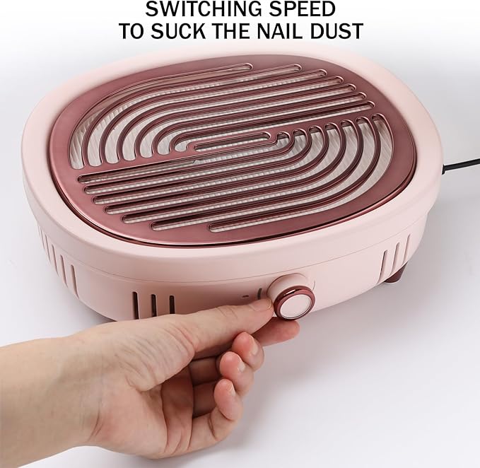 Nail Dust Collector with 2 Reusable Filters Quiet Nail Duster Collector Vacuum Cleaner with Adjustable Suction for Acrylic Nail Powerful Electric Extractor for Salon Home Magnetic Grid (Pink)