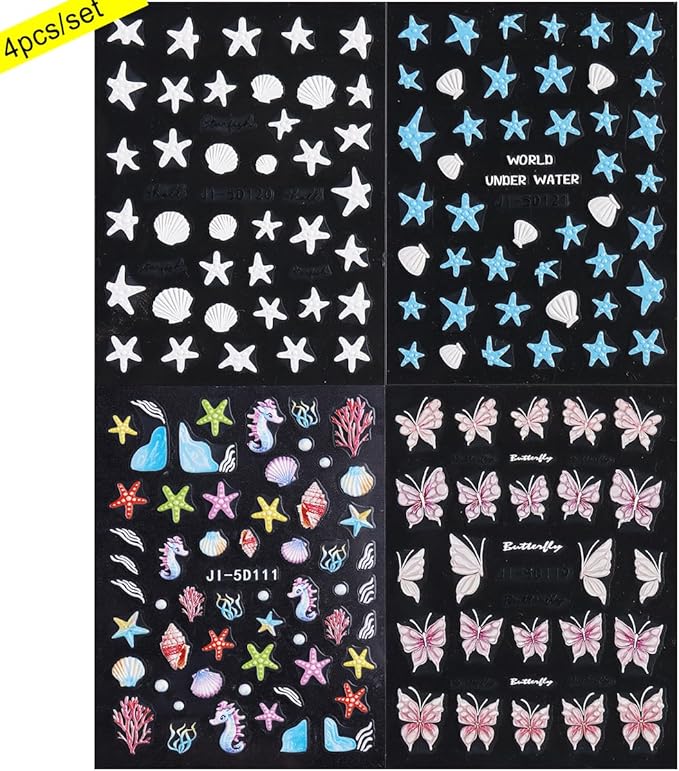 Summer Ocean Nail Stickers, Starfish & Sea Horse Nail Decals, 4 Sheets 5D Embossed Vacation Nail Art