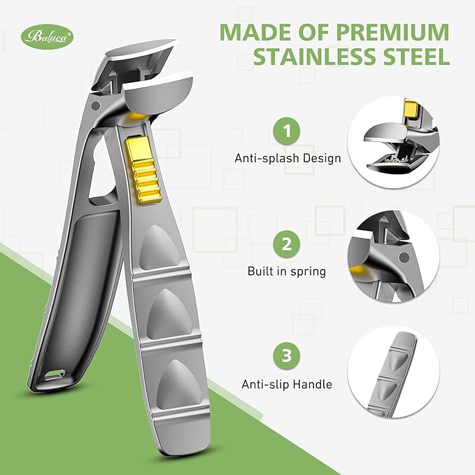 BALUCA Curved Cutting Jaw Toenail Clippers for Seniors for Thick Toenails, Ergonomic Large Toe Nail Clippers for Men, Long Handle Fingernail Clipper Cutter with Catcher - Silver