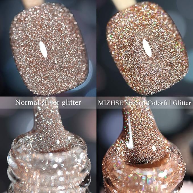 MIZHSE Reflective Gel Nail Polish, Glitter Gold Gel Polish, Sparkly Shiny Nail Effect Soak Off Nail Art Varnish for Beginners DIY at Home