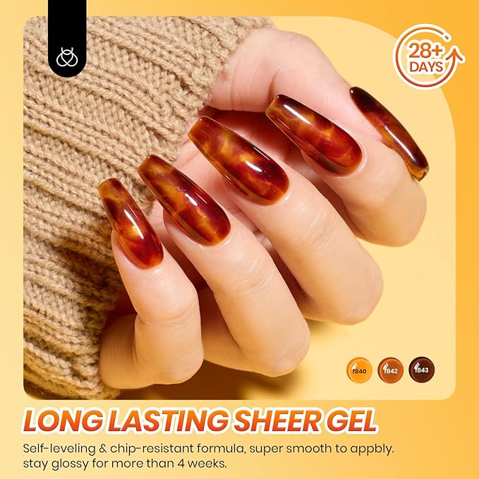 Beetles Fall Gel Nail Polish Set – Amber Chic Jelly Gel Polish with Blooming Gel for Marble Effects, 6 Colors Yellow Red Brown Gray Translucent Soak Off UV LED Autumn Nail Art