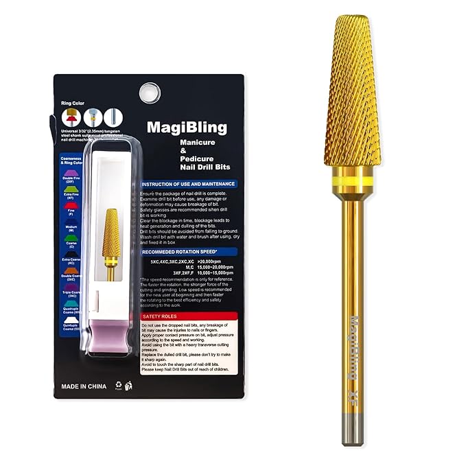 Super Cut 5 In 1 Nail Drill Bits，Tapered 3/32'' Safety Tungsten Bits, Upward Cut for Hard Gel Removal, Right Hand Use, Manicure Cuticle Gel Polishing, Technicians Bits, Gold, Extra Fine.