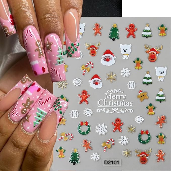 6 Sheets Christmas Nail Stickers, Christmas Tree Bell Snowflake Nail Art Stickers 3D Self-Adhesive Nail Art Supplies Santa Claus Elk Design Winter Xmas Nail Decals for Women DIY Holiday Manicure Decor