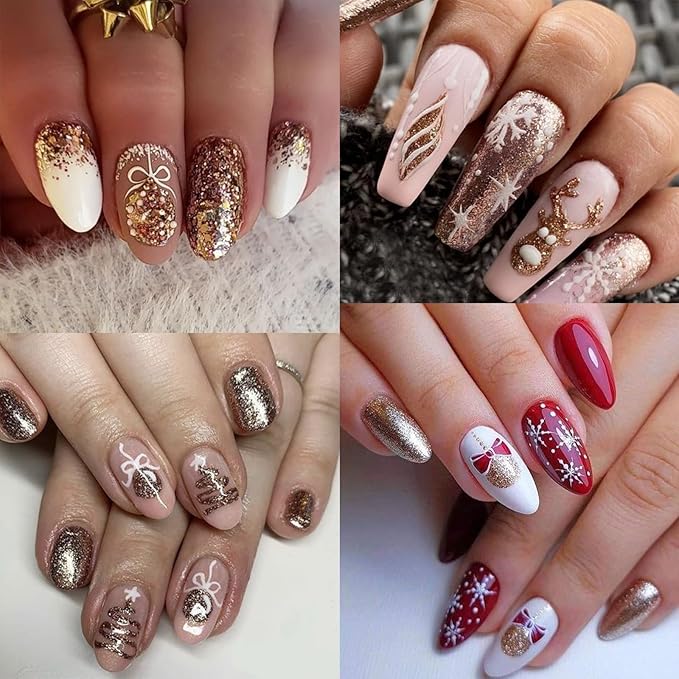 6 Sheets Glitter Christmas Nail Art Stickers 3D Self-Adhesive Snowflake Christmas Tree Nail Stickers Christmas Bell Ball Elk Nail Decals Acrylic Nail Supplies for Women Girls DIY Manicure Decoration