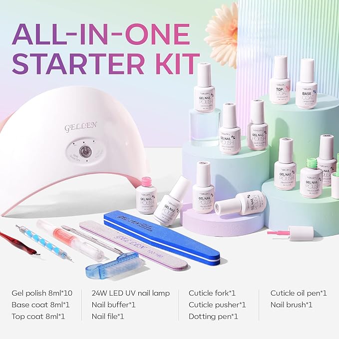 Gellen 10 Colors Gel Nail Polish Starter Kit With UV/LED Light, 24W UV Nail Lamp, Pastel Pink Blue Green Gel Base Top Coat Nail Art Design Tools, All-In-One Gift Set, Salon/Home DIY Gel Manicure Kit