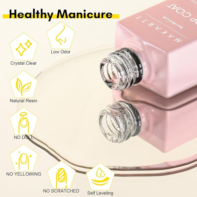 Makartt Gel Top Coat and Base Coat Kit: Clear Gloss Shiny No Wipe Stain Resistant General Top Coat Nail Polish UV and Primer for Acrylic Nails Dip Powder Gel Nail Polish Beauty Gift