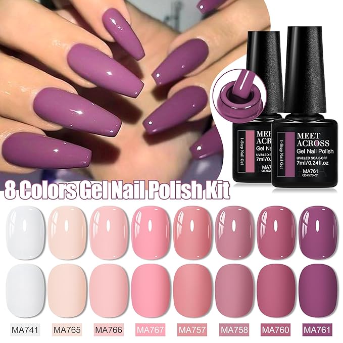 MEET ACROSS 1 Step Gel Polish Set Nail Art Manicure 3 in 1 Gel Kit Soak Off LED Gel Nail Varnishes No Need base gel top coat (Set-1, 8PCS)