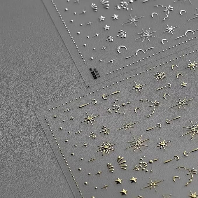 2 Sheet Gold Moon Star Nail Art Stickers Bronzing Nail Stickers for Nail Art 5D Self-Adhesive Luxury Nails Decals for Women Girls Manicure Decoration