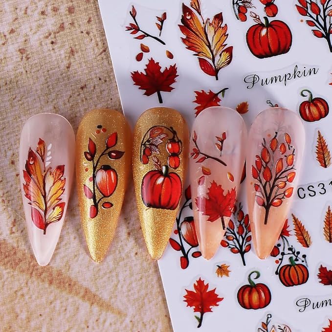 Fall Nail Stickers Autumn Pumpkin Maple Leaf Nail Art Stickers 6PCS 3D Self-Adhesive Fallen Leaf Pumpkins Flowers Fall Nails Design Manicure Decals Supply for Thanksgiving Day DIY Nail Decorations