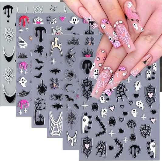 6 Sheets Halloween Nail Art Stickers 3D Self Adhesive Cute Ghost Spider Wed Nail Decals Gothic Bat Blood Nail Stickers Glitter Silver French Nail Design Decals Holiday Nail Art Supplies for Women