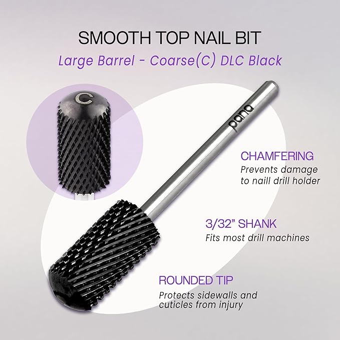 PANA 3/32" Large Smooth Round Top Safety Carbide Nail Drill Bit for Gel Polish & Acrylic Removal Nail Salon Manicure Pedicure Electric File Tools (Large Barrel - DLC Black, Coarse)