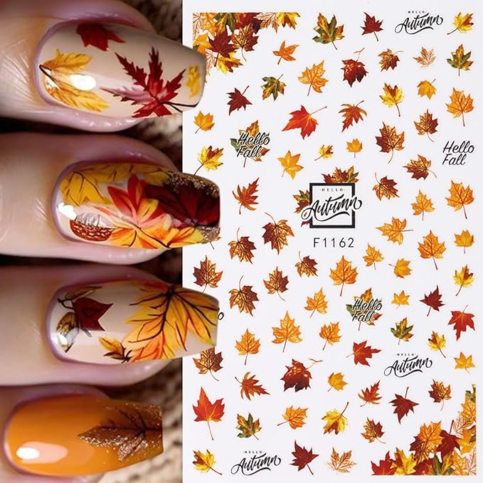 Fall Nail Stickers for Nail Art Maple Leaf Nail Decals 6PCS 3D Self-Adhesive Autumn Leaves Deer Pattern Design Stickers Decoration for Women DIY Holiday Party Nail Supplies Charms Accessories