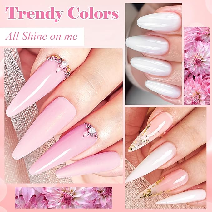 MEET ACROSS Poly Nail Gel 10Pcs Nail Extension Gel Set and Nail Extension Starter Kit for Beginners Nail Art DIY Home Gifts for Women (White/Pink, 12pcs)