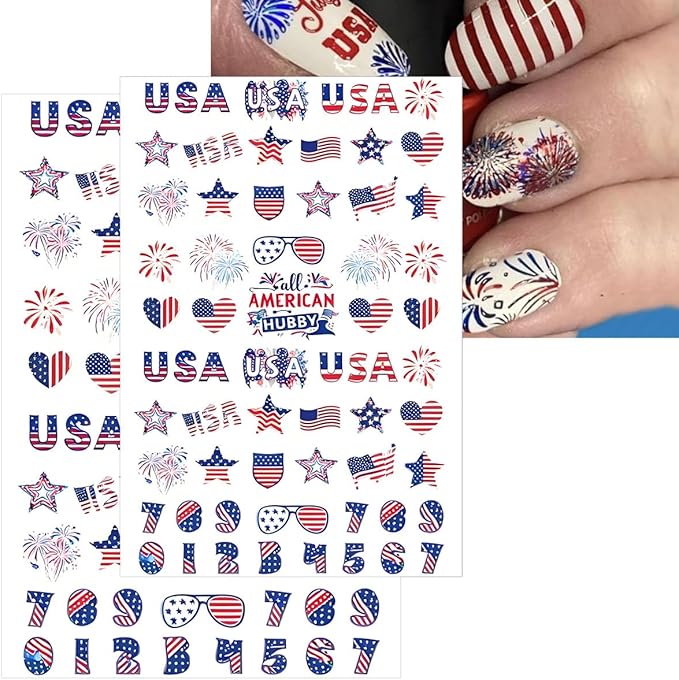 6 Sheets 4th of July Nail Stickers for Nail Art 3D Self-Adhesive Independence Day Nail Decals Star Heart American Flag Nail Design Stickers Patriotic Nail Decor for Women Holiday Nail Art Supplies
