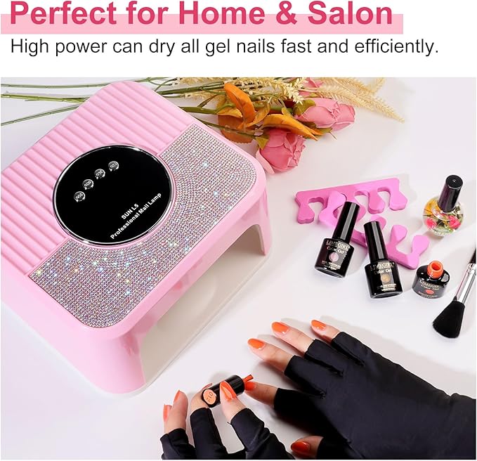 LimeGirl UV LED Nail Lamp Kit for Gel Polish Professional Fast Curing Pink Dryer Light Set with UV Protection Gloves Cordless Rechargeable Nail Art Cure Machine for Manicure Pedicure at Home and Salon