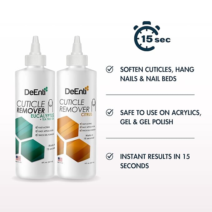 DeEnti Instant Cuticle Remover Gel, Eucalyptus, 8 Oz Bottle, Professional Cuticle Softener, Salon Quality Manicure and Pedicure Supplies