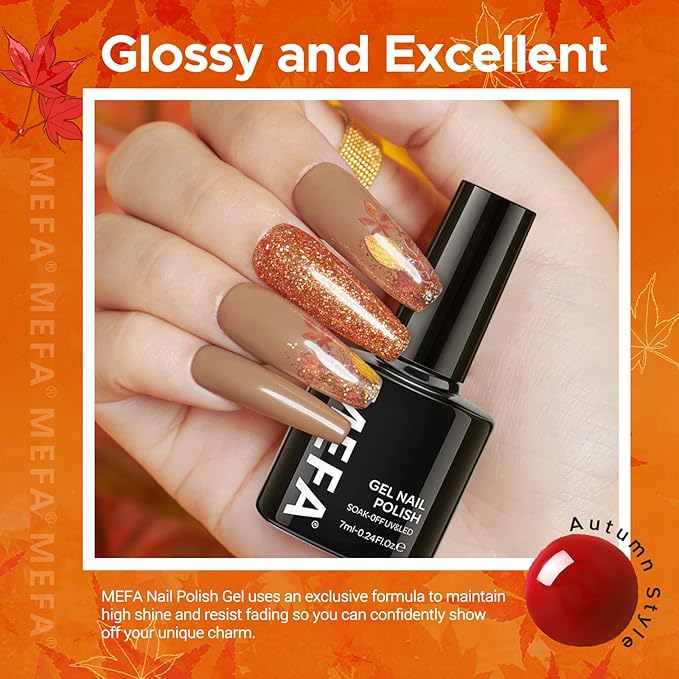 MEFA 6 Colors Fall Gel Nail Polish Set, Shades Orange Red Brown Glitter Yellow Soak Off Gel Polish Spring Summer Tones Nail Art Design Salon Home Manicure Kit Gifts